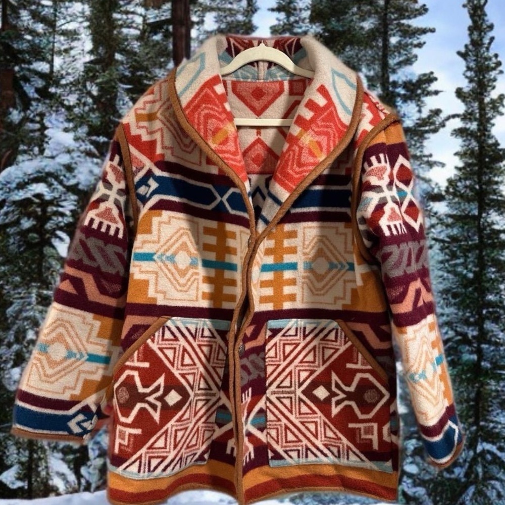 Justin Kraff Reversible Wool Car Coat Southwestern Oversized 12-14 Medium/Large - Picture 14 of 16